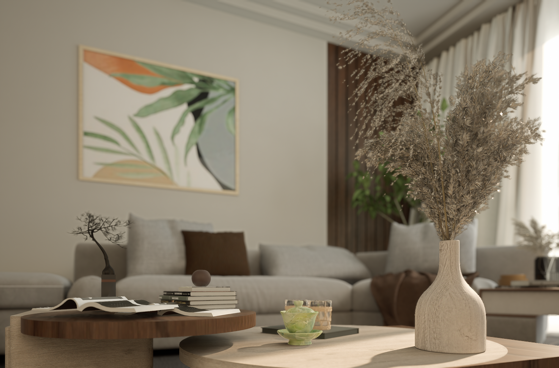 Stylish and cozy living room with modern decor and neutral tones.